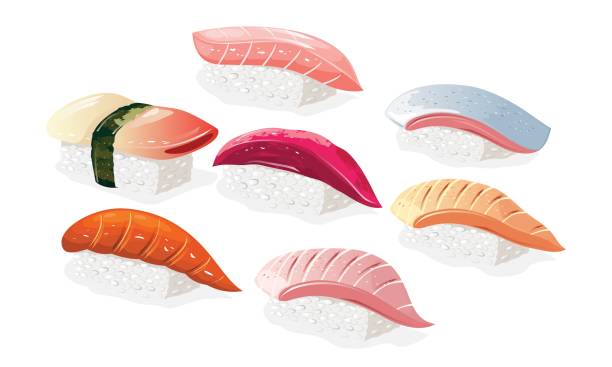 illustrazioni stock, clip art, cartoni animati e icone di tendenza di grande set vettoriale con shushi hokkigai giapponese, hirame, tai, maguro, sake, saba, hamachi - sashimi white prepared fish hamachi