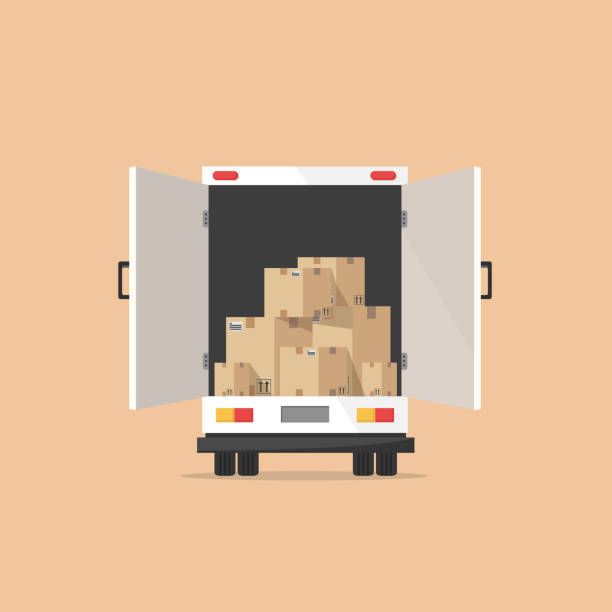 illustrations, cliparts, dessins animés et icônes de camion de livraison avec un tas de boîtes - boîte illustrations