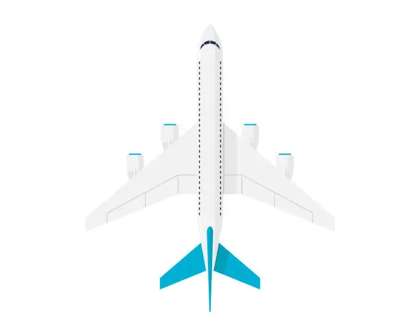 Vector illustration of Large jet passenger airplane with four engines. Civil aviation plane top view. Flat vector illustration