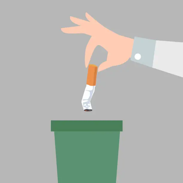 Vector illustration of Hand putting cigarettes in trash bin flat style