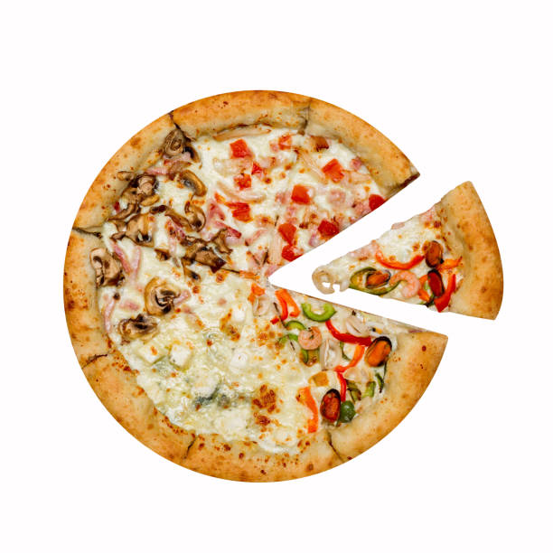 istock Italian pizza four seasons with separate slice isolated on white background 1191389721