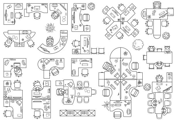 Floor plan of office or cabinet in top view. Furniture icons in view from above. Vector Floor plan of office or cabinet in top view. Desks (working table), chairs, computers, reception and other modular system of office equipment. Furniture icons in view from above. Vector desk symbols stock illustrations