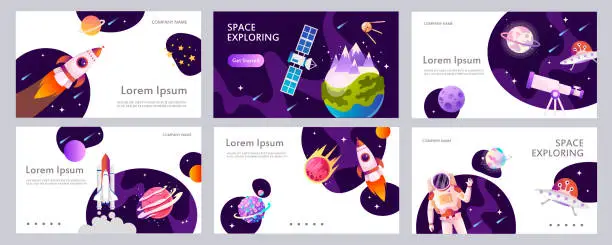 Vector illustration of Set of web banners templates. Presentation. Cartoon modern design. Black holes. Space explore. Children vector illustration. Science.