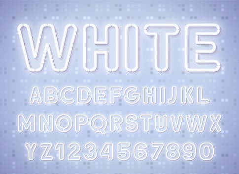 Neon rounded red white, glowing alphabet with numbers on light background.