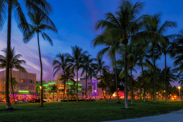 ocean drive à miami beach la nuit - ocean drive south beach night miami beach photos et images de collection