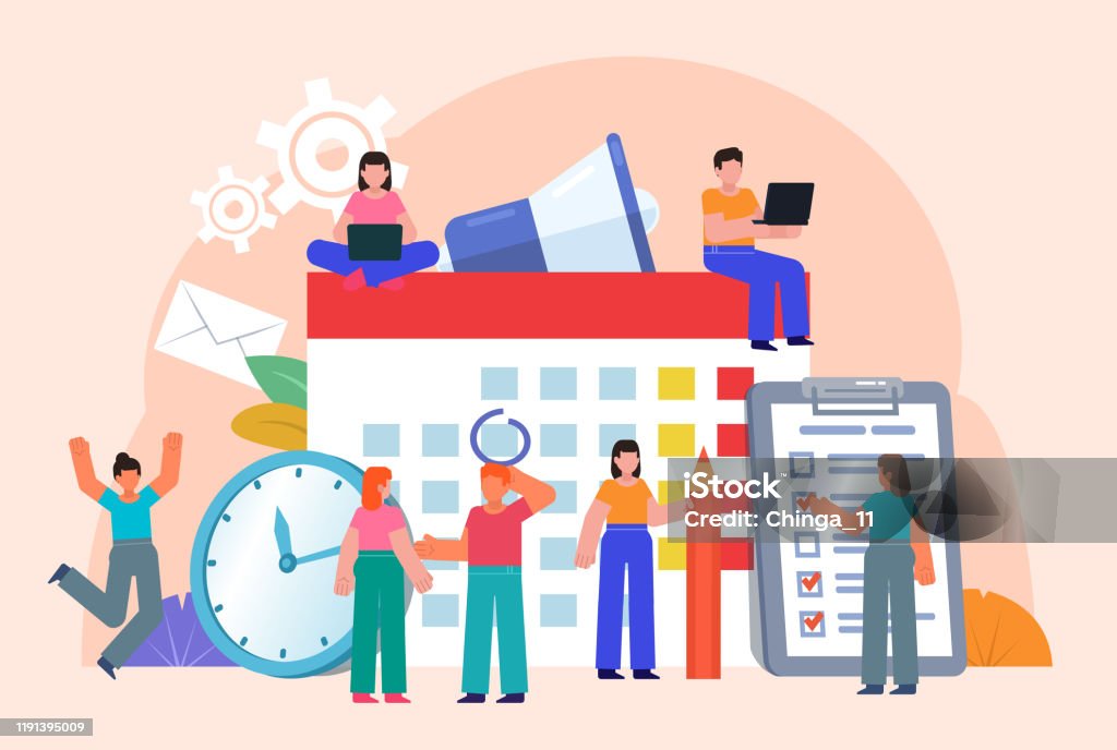 Group Of People Stand Near Big Calendar Watches Document Time