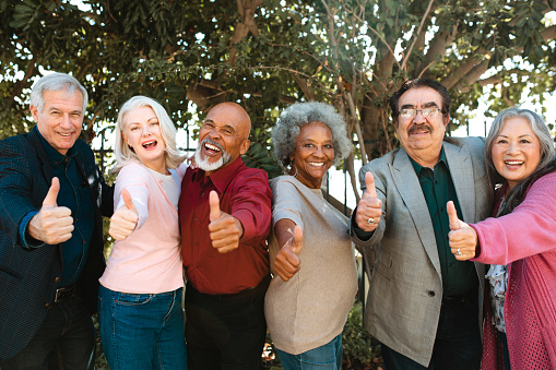 Cheerful multi-ethnic senior friends showing thumbs up. Portrait of smiling retired men and women. They are in casuals.
