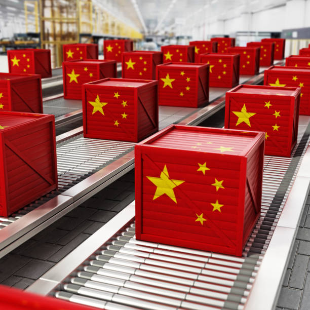 istock Chinese flag textured cargo boxes on conveyor belts 1191395270
