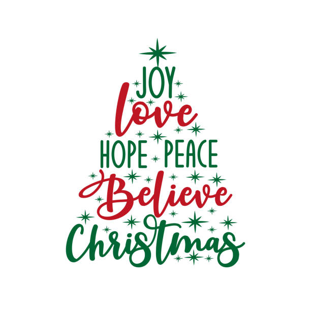 기쁨 사랑 희망 평화는 크리스마스를 믿는다 - 별과 서예 텍스트. - holiday happiness calligraphy greeting card stock illustrations