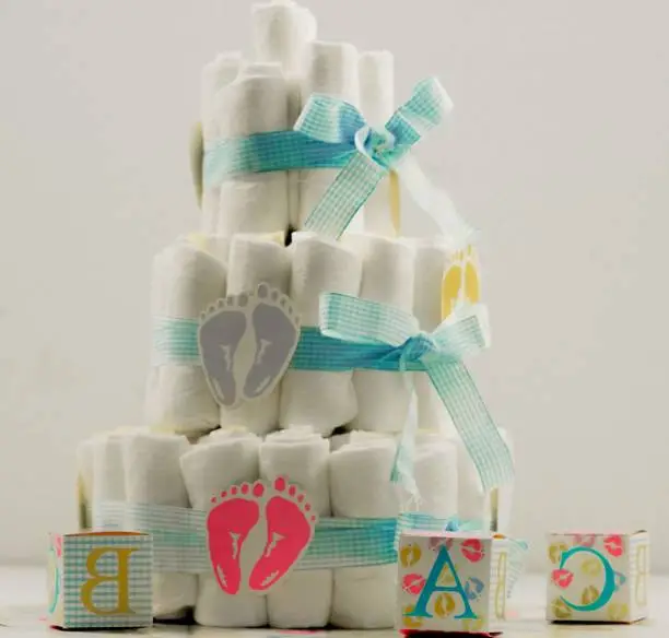 A cake made of pampers for a Babyshower