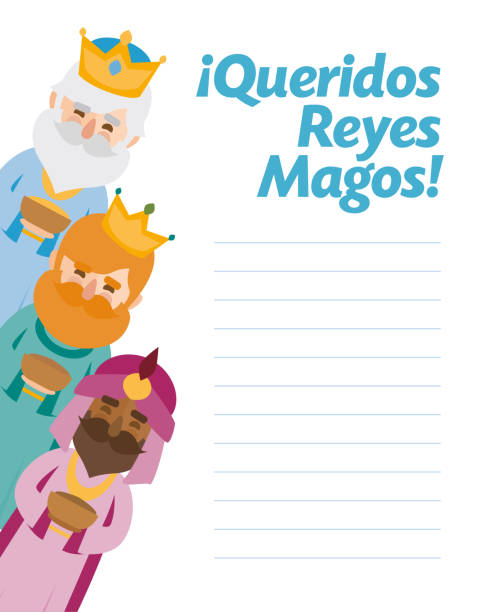ilustrações de stock, clip art, desenhos animados e ícones de funny vectorized letter. dear wise men written in spanish (queridos reyes magos) - dinner friends christmas