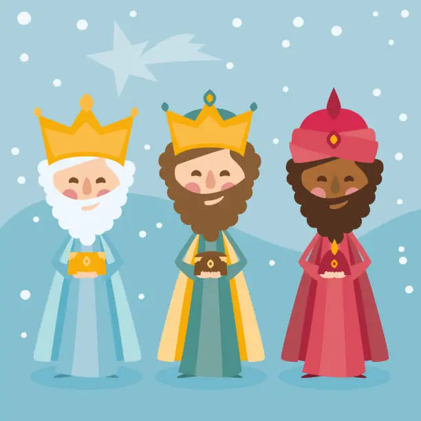 Vector illustration of The three kings of orient on a blue background. 3 Magi. Wise men Caspar, Melchior and Balthazar