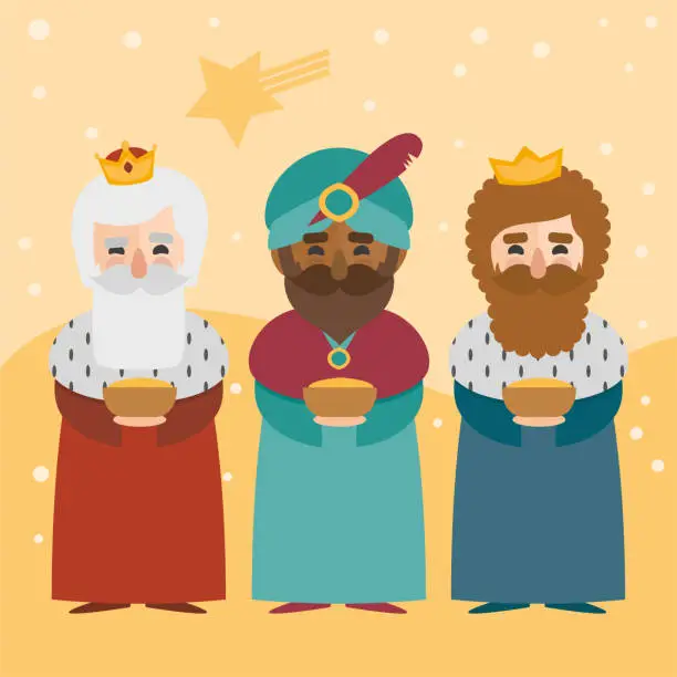 Vector illustration of The three kings of orient on a yellow background. 3 Magi. Wise men Caspar, Melchior and Balthazar