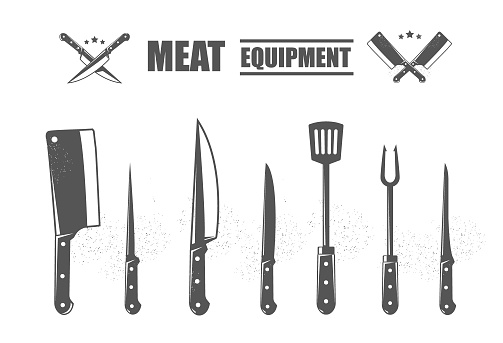 Meat equipment. Set of butcher meat knives for butcher shop and design butcher themes.