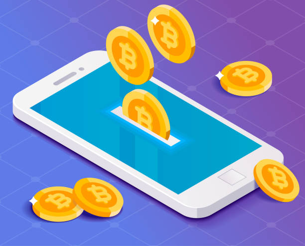 Bitcoins drop in smartphone. Vector illustration crypts stock illustrations