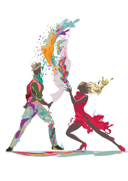 Beautiful romantic couple in passionate Latin American dances. Beautiful romantic couple in passionate Latin American dances. Salsa festival. Hand drawn poster background. reggaeton dance stock illustrations