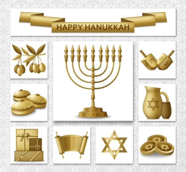 istock Hanukkah greeting card with Torah, menorah and dreidels. Golden template. Vector illustration. 1191402514