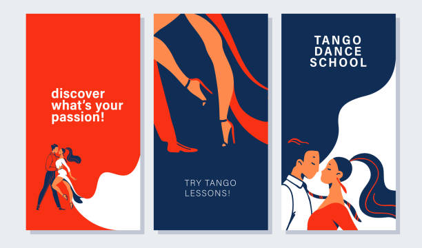 ilustrações de stock, clip art, desenhos animados e ícones de collection of banners and cards with tango dancers pair in flat minimalistic style. - latin music illustrations