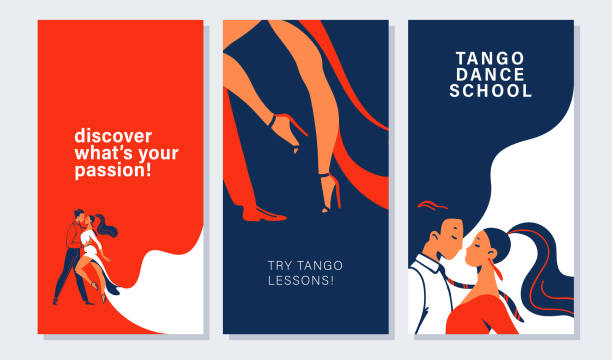 Collection of banners and cards with tango dancers pair in flat minimalistic style. Collection of banners and cards with tango dancers pair in flat minimalistic style. Advertising for dance studio, tango lessons, workshop. Vector illustration. tango dance stock illustrations
