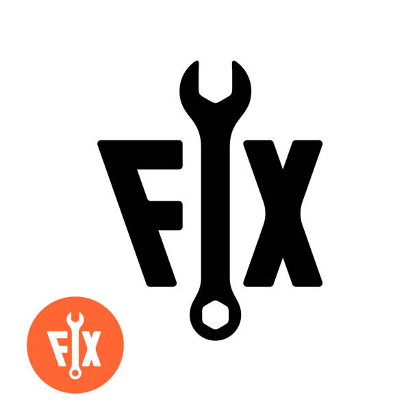 ilustrações de stock, clip art, desenhos animados e ícones de fix text logo with wrench. for house fixing, car service or other technical repair themes. - themes