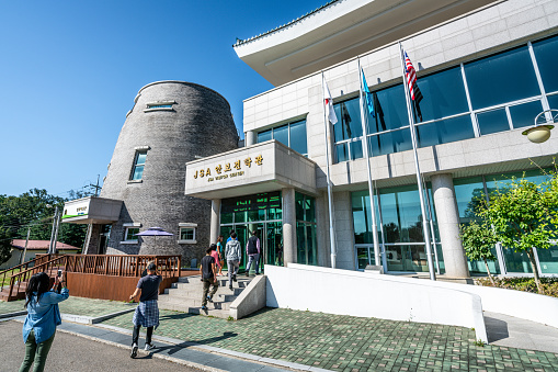 Paju Korea , 24 September 2019 : Tourists entering the JSA or Joint Security Area visitor centre at Camp Bonifas in the DMZ South Korea