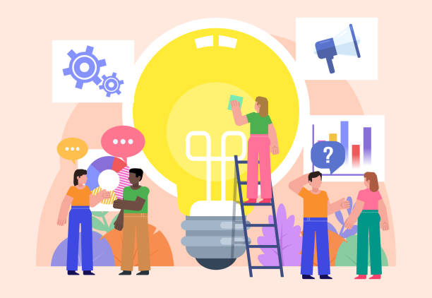 istock Creative idea, startup, team brainstorm concept. Group of people stand near big idea bulb 1191405225
