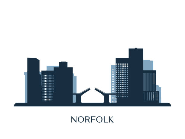 ilustrações, clipart, desenhos animados e ícones de skyline de norfolk, silhueta monocromática. ilustração do vetor. - norfolk