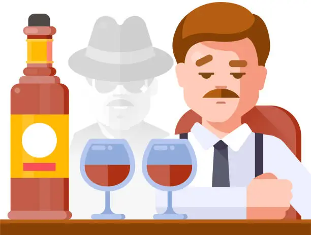Vector illustration of Godfather of mafia with bottle of alcohol.