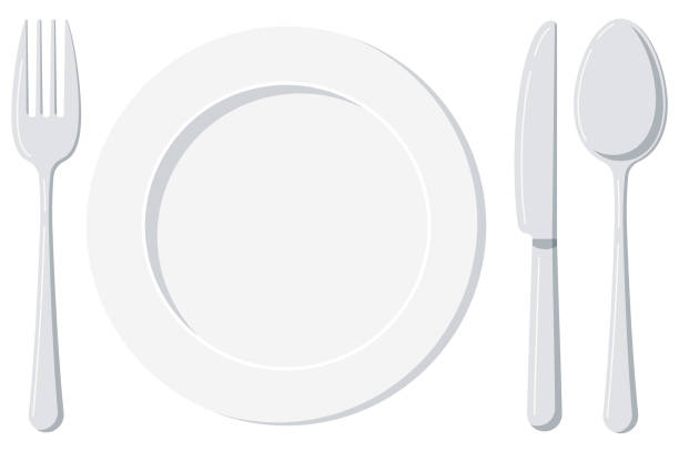 пустая белая тарелка с ложкой, ножом и вилкой изолирована на белом фоне. - fork kitchen utensil spoon eating utensil stock illustrations