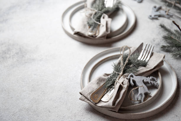 istock Cristmas table cutlery set with holiday decoration. Top view, copy space 1191411479