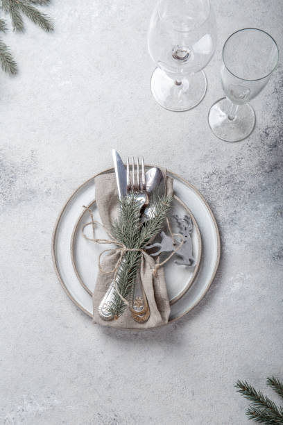 istock Cristmas table cutlery set with holiday decoration. Top view, copy space 1191412581