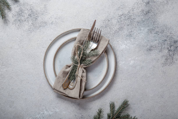 istock Cristmas table cutlery set with holiday decoration. Top view, copy space 1191412677