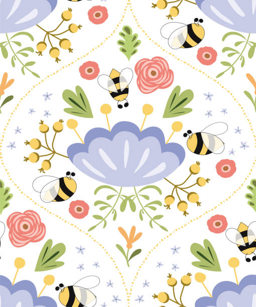 ilustrações de stock, clip art, desenhos animados e ícones de summer seamless pattern bee flowers damask floral print. cute pattern design for fabric textile print - field image computer graphic bee