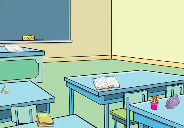 Vector illustration of Empty School Class Room with Board Desk.Vector Illustration of School Interior.