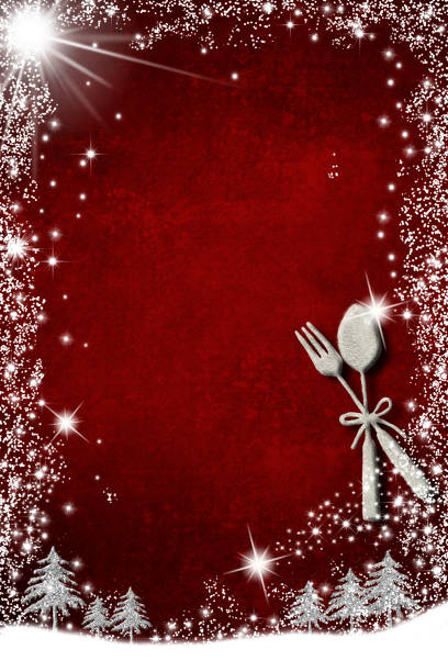 Background for write Christmas menu, invitation card. Background for write Christmas menu, invitation card.Silver cutlery, Bethlehem star and fir trees  glitter texture hand drawing, copy space red brackground. Vertical image. lunch borders stock illustrations