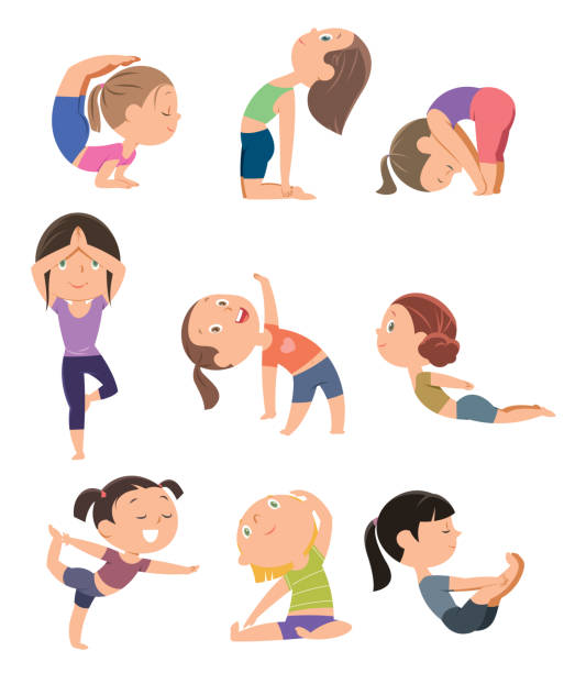 stockillustraties, clipart, cartoons en iconen met set van yoga poses - girls gym