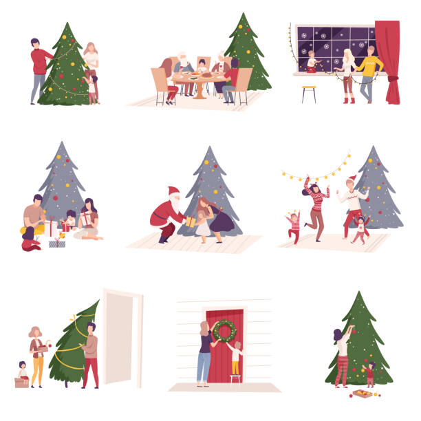 glückliche menschen vorbereitung und feiern winterferien, männer, frauen und kinder dekorieren weihnachtsbaum, geschenke geben, sitzen am festlichen tisch vektor illustration - weihnachten familie stock-grafiken, -clipart, -cartoons und -symbole