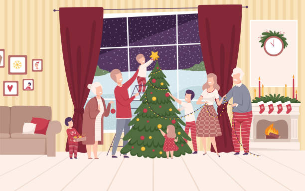illustrazioni stock, clip art, cartoni animati e icone di tendenza di felice grande famiglia decorare albero di natale, persone che si preparano per celebrare le vacanze invernali illustrazione vettoriale - christmas home