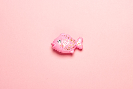 Plastic toy fish on a pink background. The concept of child development, proper nutrition, diet, artificial food. Flat lay, top view.