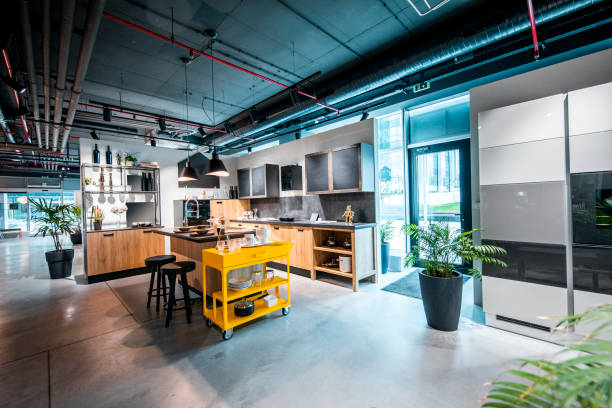 A modern interior kitchen design set up in a home improvement store