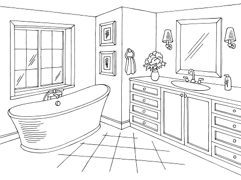 Bathroom graphic home interior black white sketch illustration vector