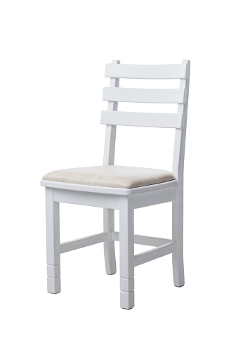 Classic white wooden chair with a soft seat, with clipping path on a white background.