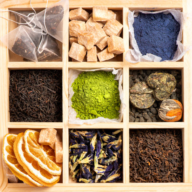 istock Different types of tea in a wooden box. 1191417561