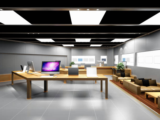 3D render of computer shop 3D render of computer electronic shop interior computer shop stock pictures, royalty-free photos & images