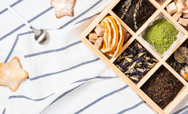 istock Different types of tea in a wooden box. 1191418315