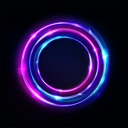 Circle abstract background, glowing neon lights, round portal. Vector. Pink blue and purple glow rings. Circular light frame, ultraviolet