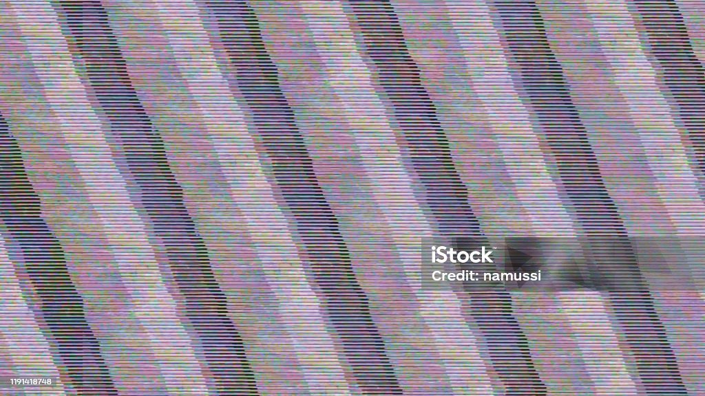GLITCH - TV screen full of scanlines, noise and diagonal interference When communications break down ... no signal, and lots of noise. Television Set Stock Photo