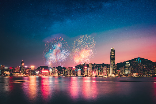 Firework show on Victoria Harbor, Hong Kong