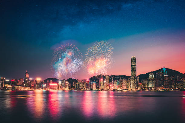 Firework show on Victoria Harbor, Hong Kong stock photo