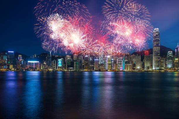 Firework show on Victoria Harbor, Hong Kong stock photo